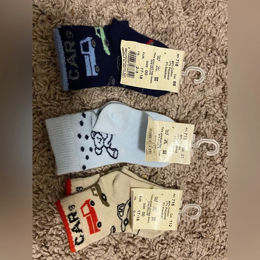 MP Lot of‎ 3 Baby Boys Socks Set - Navy, Light Blue, Beige Cars Newborn NWT